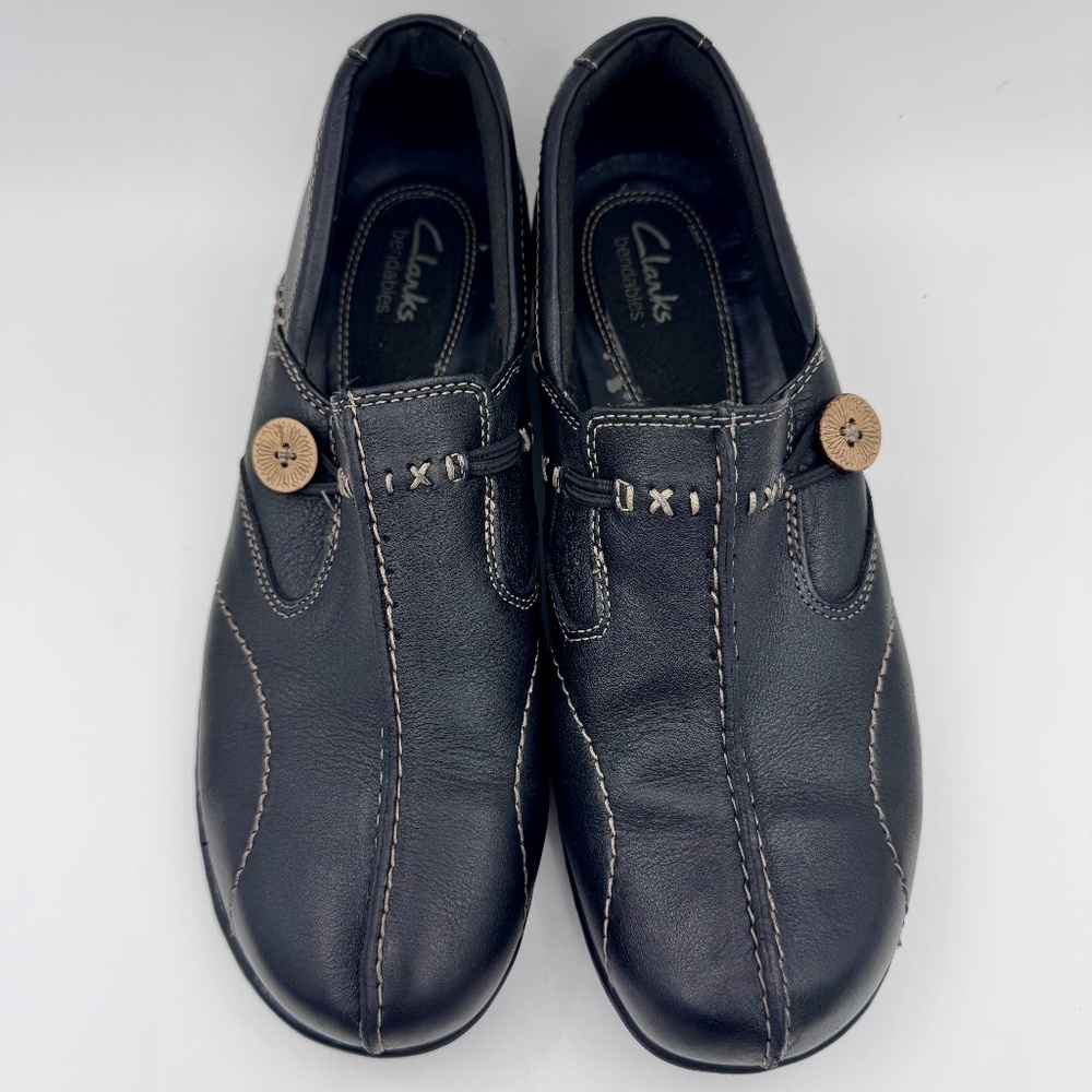 Clarks Bendables Black Leather Button Loafers‎ Womens 9.5M Slip On Shoes 35062